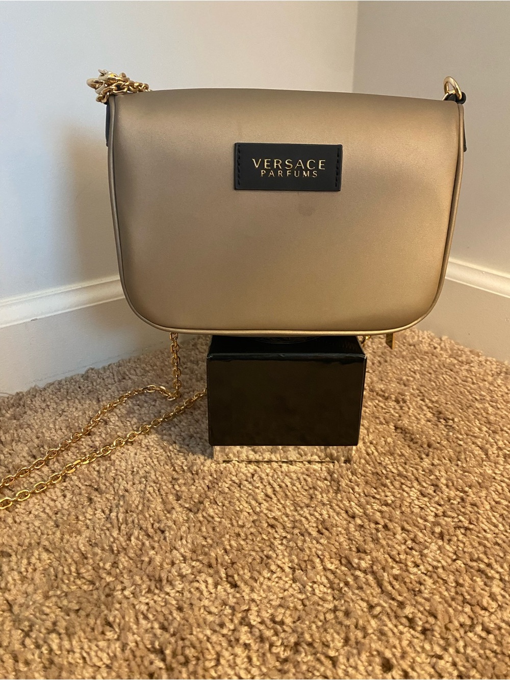 Gold  Versace Parfume Crossbody Bag with Chain Strap